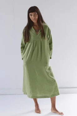 Women Lazybones Emma Linen Dress In Herb Green